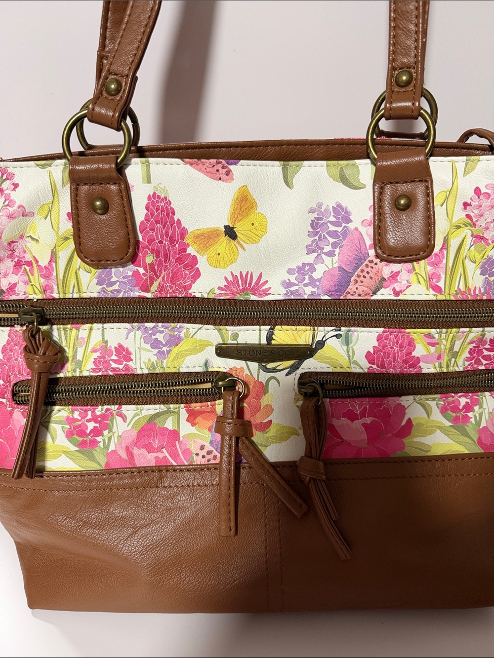 Stone & Co. White Floral Canvas Tote with Brown Leather Trim